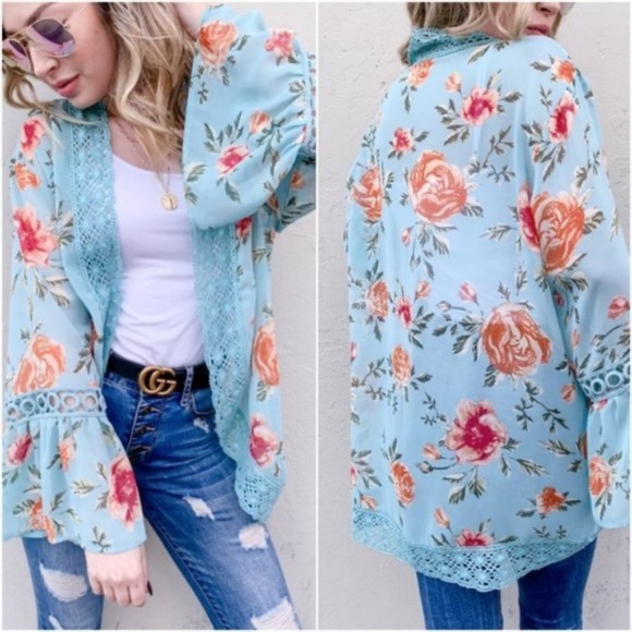 023 Bohemian Dusty Blue Floral Print Open Front Lace Kimono Cardigan - Picture 3 of 3
